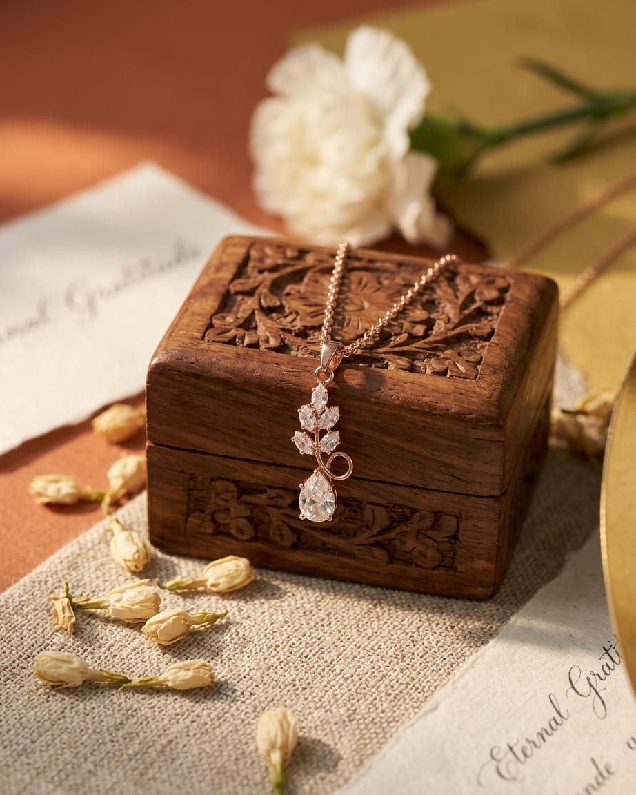 Rose Gold Crystal Leaf Drop Pendant Necklace