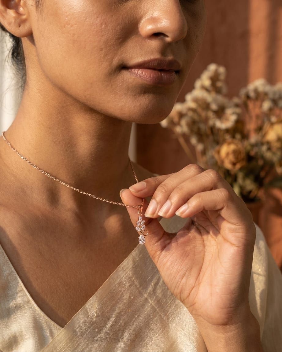 Rose Gold Crystal Leaf Drop Pendant Necklace