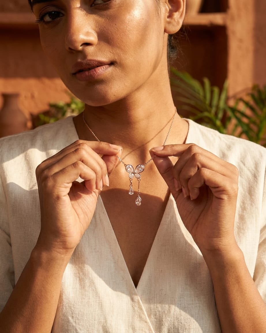 Rose Gold Butterfly Crystal Drop Necklace