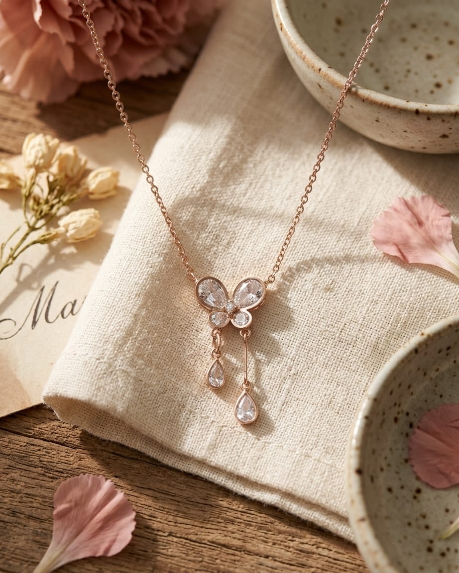 Rose Gold Butterfly Crystal Drop Necklace