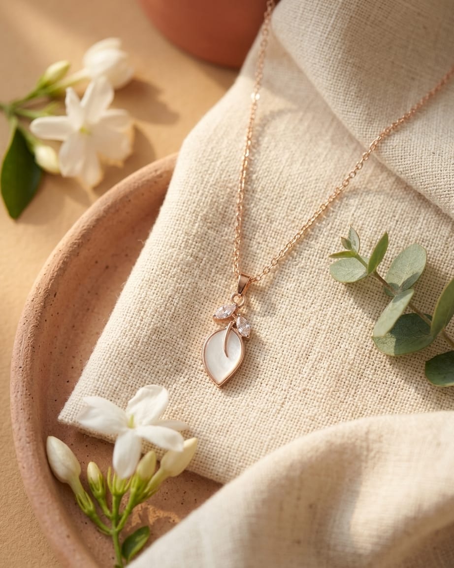 Rose Gold Mother of Pearl Leaf Pendant Necklace