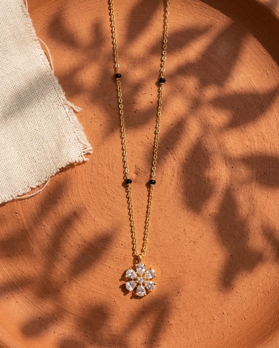 Floral Diamond 18K Gold Plated Black Bead Mangalsutra Necklace