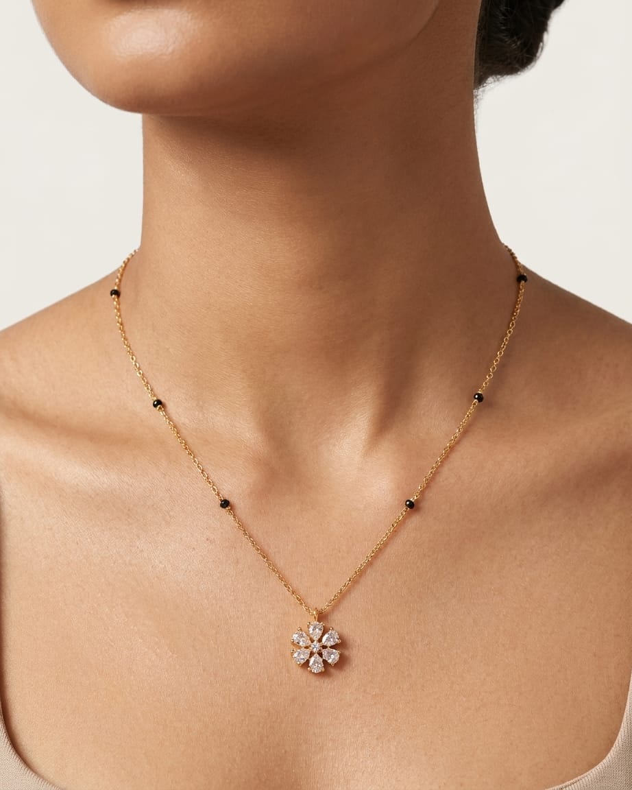 Floral Diamond 18K Gold Plated Black Bead Mangalsutra Necklace
