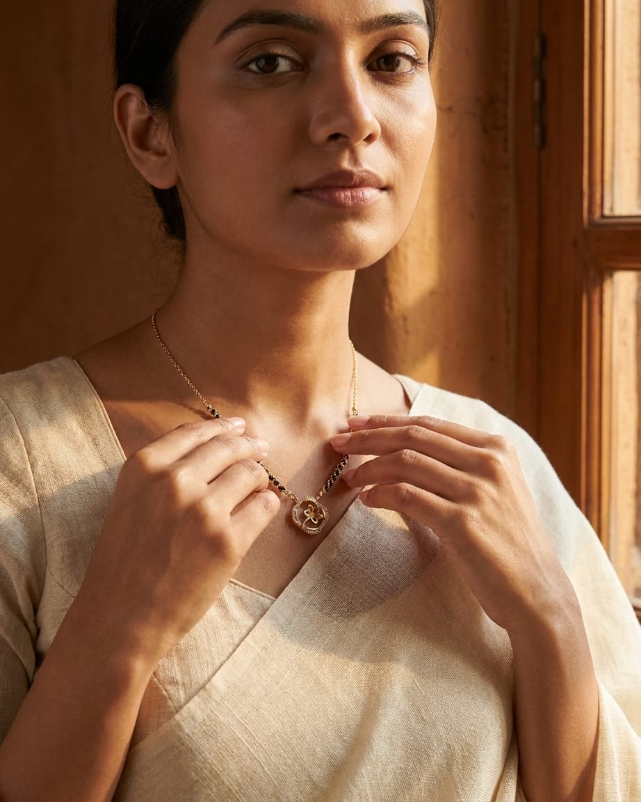 Floral Halo 18K Gold Plated Black Bead Mangalsutra Necklace