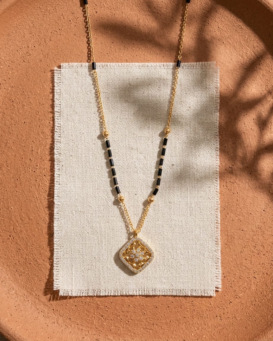 Celestial Bloom 18K Gold Plated Black Bead Mangalsutra Necklace