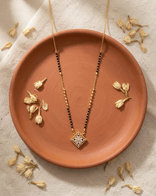 Radiant Blossom 18K Gold Plated CZ Black Bead Mangalsutra Necklace
