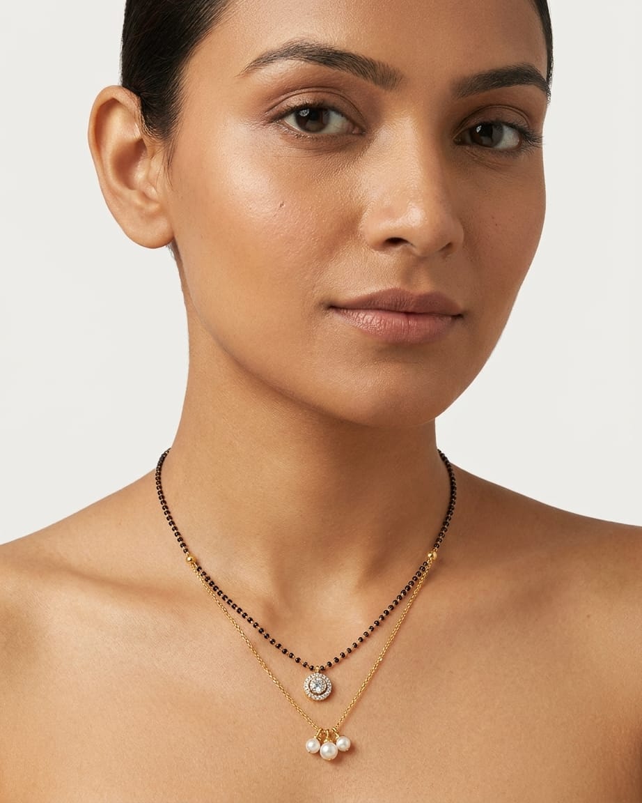 Pearl Grace Dual Layer 18K Gold Plated CZ Black Bead Mangalsutra Necklace