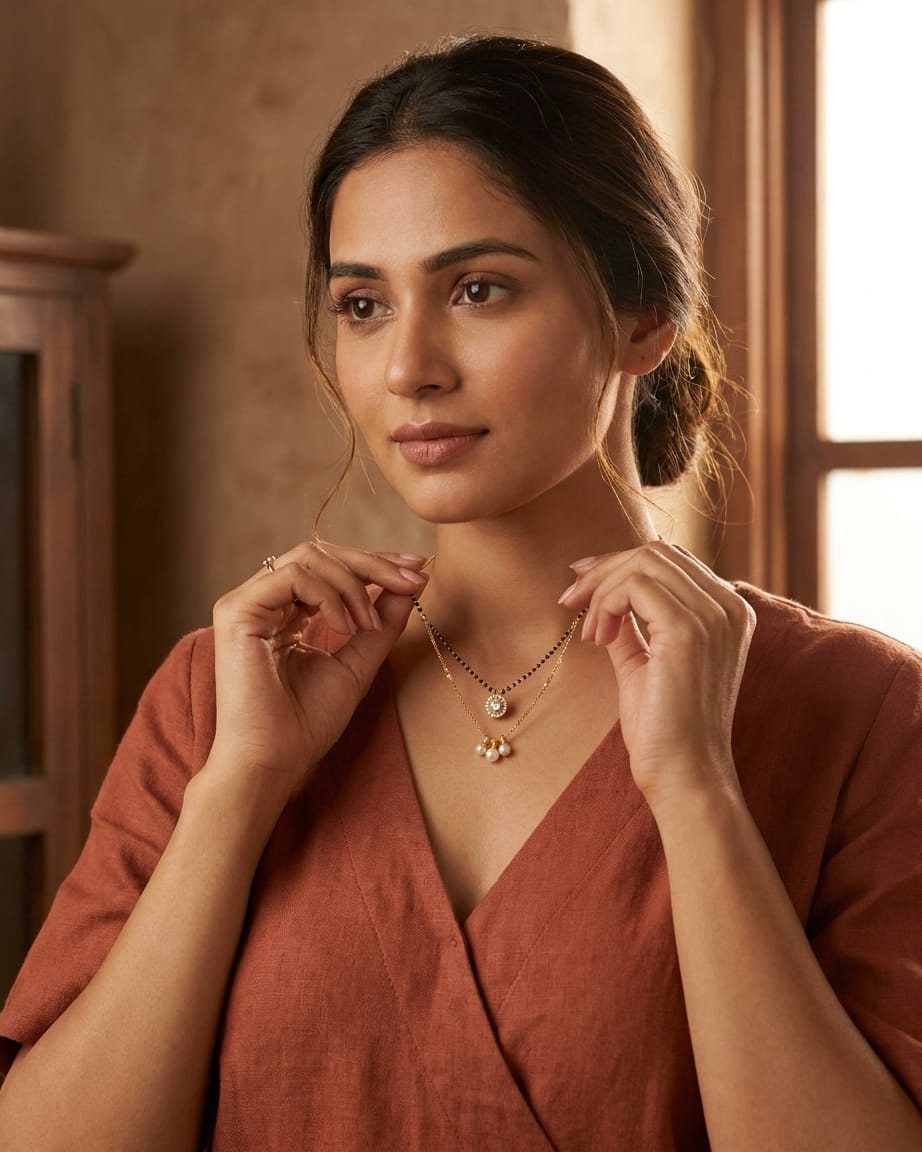 Pearl Grace Dual Layer 18K Gold Plated CZ Black Bead Mangalsutra Necklace