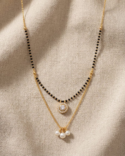 Pearl Grace Dual Layer 18K Gold Plated CZ Black Bead Mangalsutra Necklace