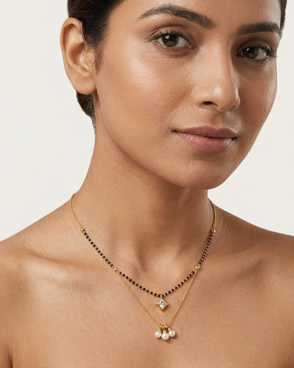 Celeste Pearl Dual Layer 18K Gold Plated CZ Black Bead Mangalsutra Necklace