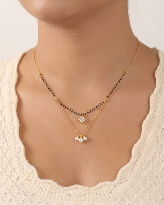 Celeste Pearl Dual Layer 18K Gold Plated CZ Black Bead Mangalsutra Necklace
