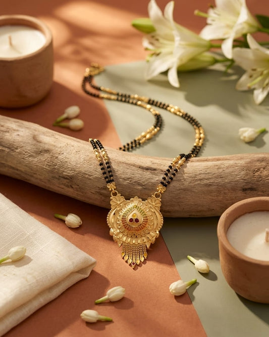Lakshmi Drop Temple 18K Gold Plated Mangalsutra | Traditional Double Black Bead Pendant for Women