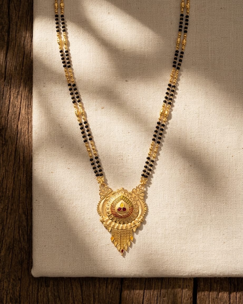 Lakshmi Drop Temple 18K Gold Plated Mangalsutra | Traditional Double Black Bead Pendant for Women