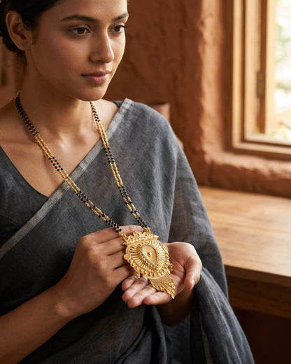 Royal Heart Temple 18K Gold Plated Mangalsutra | Traditional Double Black Bead Pendant for Women