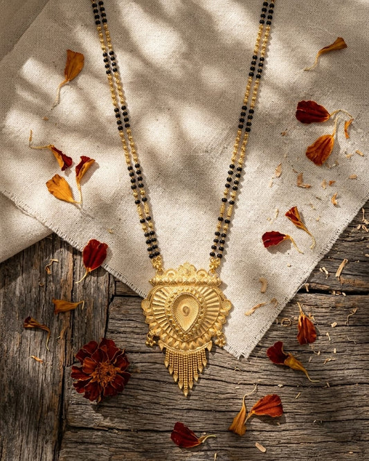 Royal Heart Temple 18K Gold Plated Mangalsutra | Traditional Double Black Bead Pendant for Women