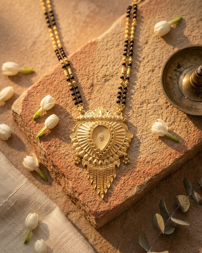 Royal Heart Temple 18K Gold Plated Mangalsutra | Traditional Double Black Bead Pendant for Women