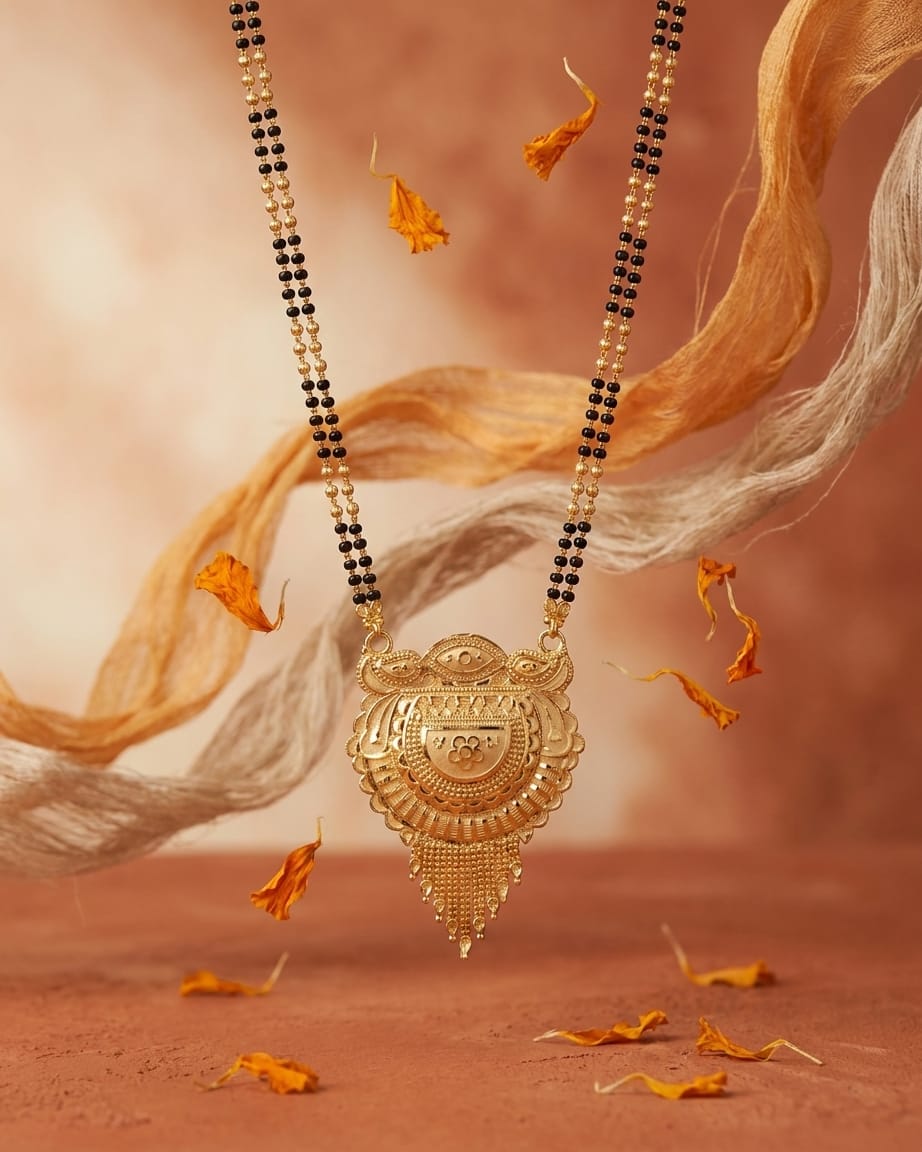 Royal Heritage Temple 18K Gold Plated Mangalsutra | Traditional Double Black Bead Pendant for Women