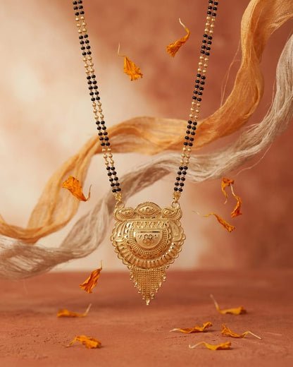 Royal Heritage Temple 18K Gold Plated Mangalsutra | Traditional Double Black Bead Pendant for Women