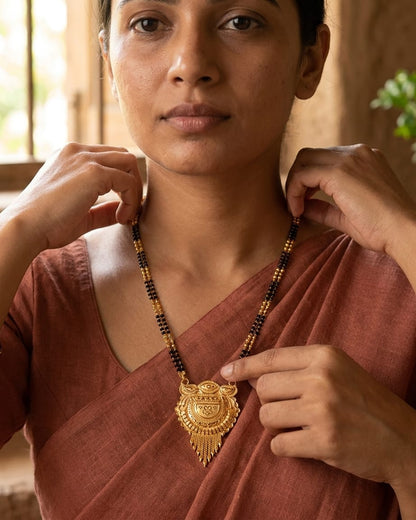 Royal Heritage Temple 18K Gold Plated Mangalsutra | Traditional Double Black Bead Pendant for Women