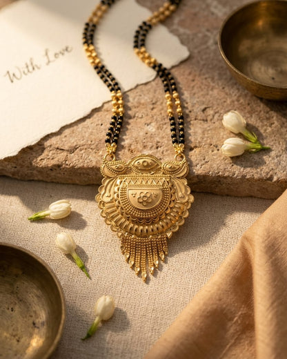 Royal Heritage Temple 18K Gold Plated Mangalsutra | Traditional Double Black Bead Pendant for Women