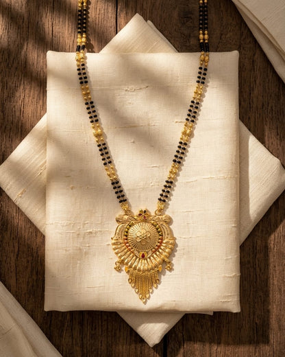 Floral Heritage 18K Gold Plated Mangalsutra | Traditional Double Black Bead Pendant for Women