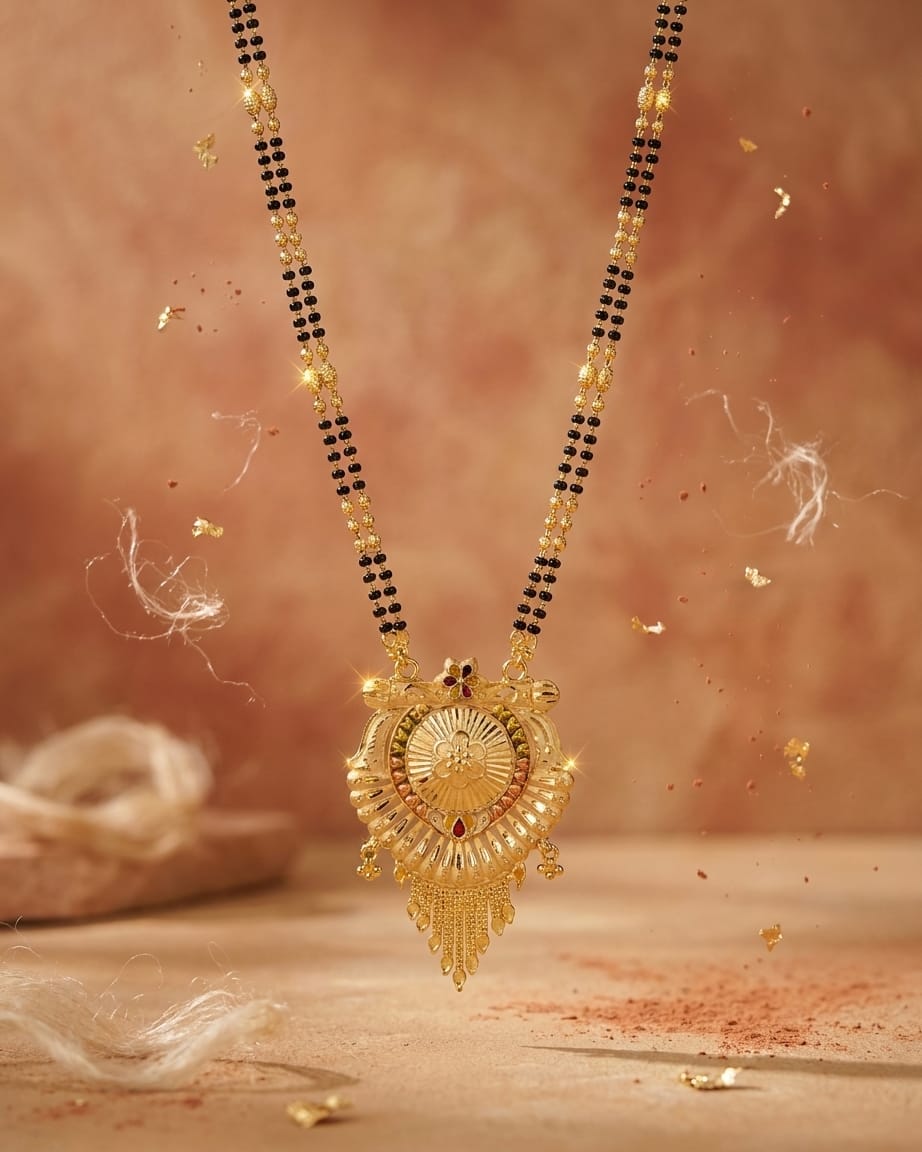 Floral Heritage 18K Gold Plated Mangalsutra | Traditional Double Black Bead Pendant for Women