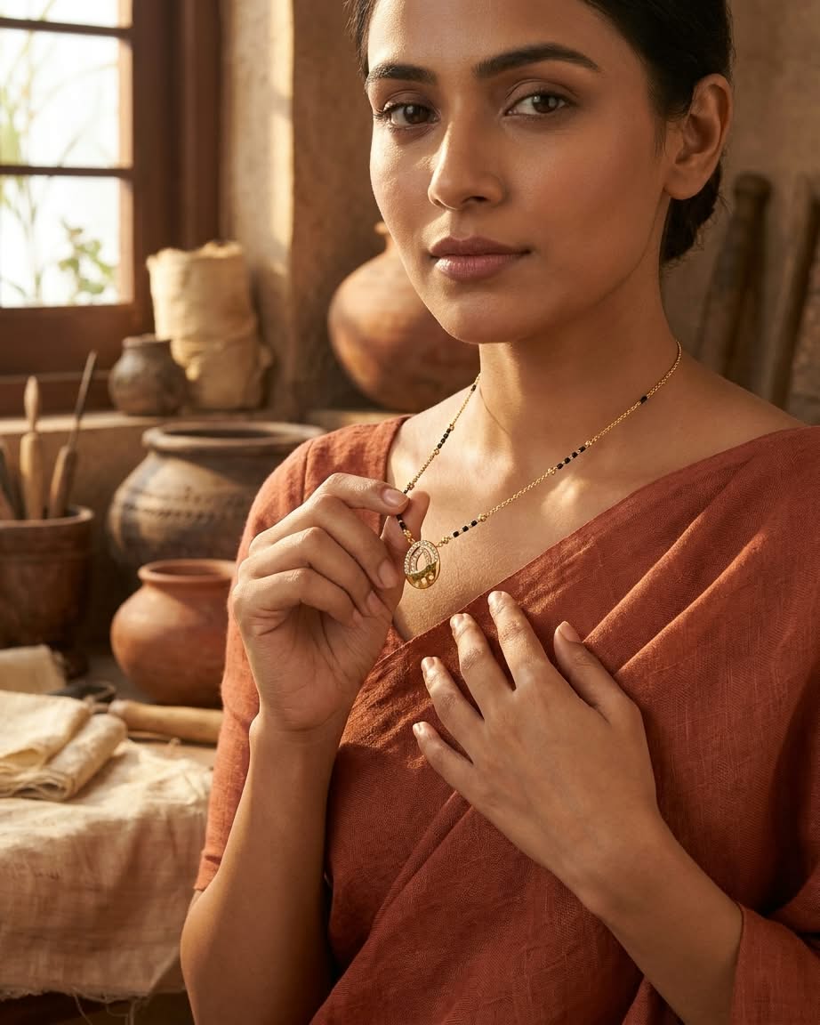 Elegant Gold & Black Beaded Lock Pendant Mangalsutra