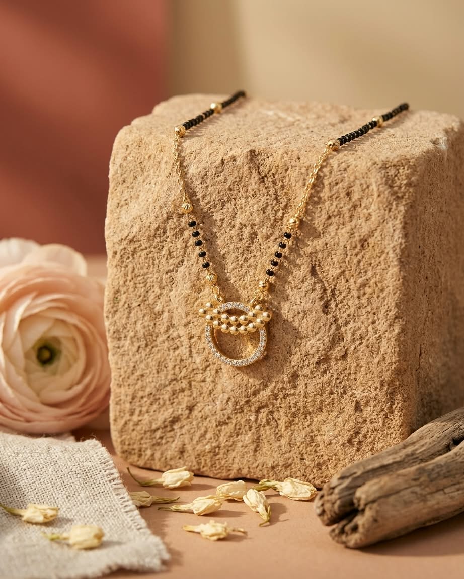 Elegant Gold & Black Beaded Circle Pendant Mangalsutra