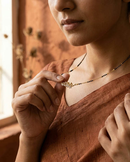 Elegant Gold & Black Beaded Floral Mangalsutra Necklace