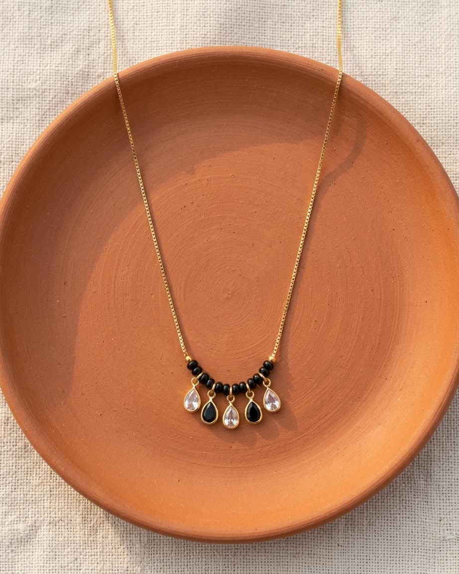 Elegant Black Beaded Gold Teardrop Mangalsutra Necklace