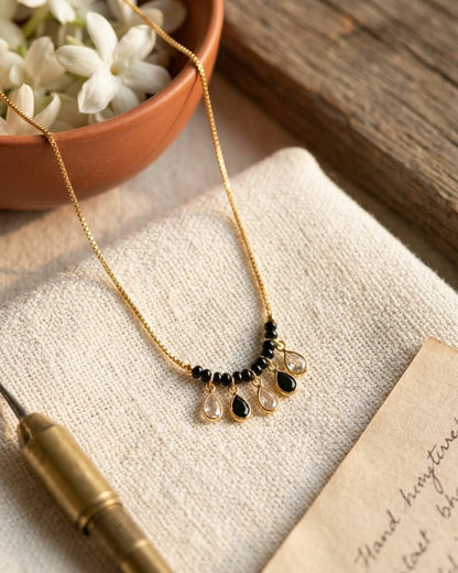Elegant Black Beaded Gold Teardrop Mangalsutra Necklace