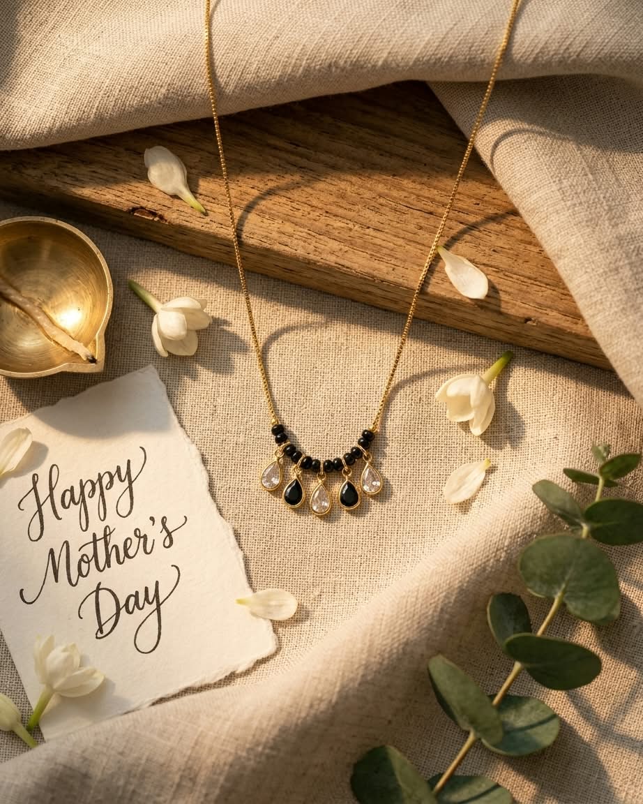 Elegant Black Beaded Gold Teardrop Mangalsutra Necklace