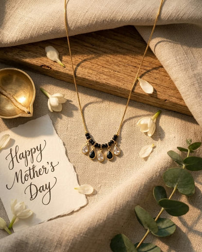 Elegant Black Beaded Gold Teardrop Mangalsutra Necklace