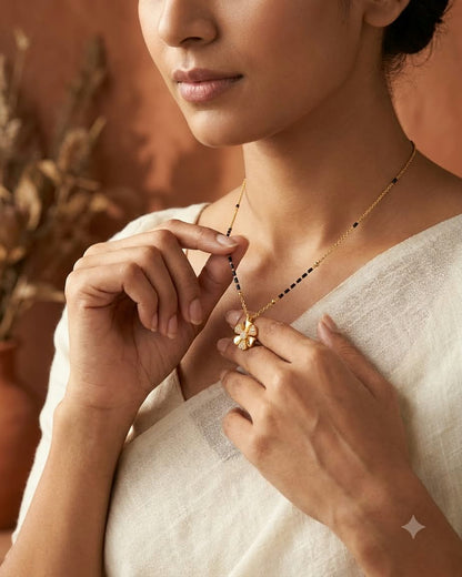 Elegant Floral Black Beaded Gold Mangalsutra Necklace