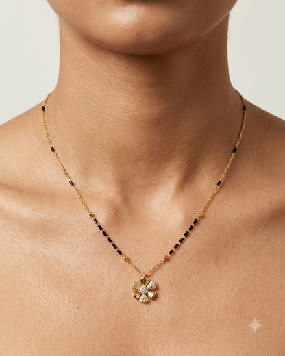 Elegant Floral Black Beaded Gold Mangalsutra Necklace