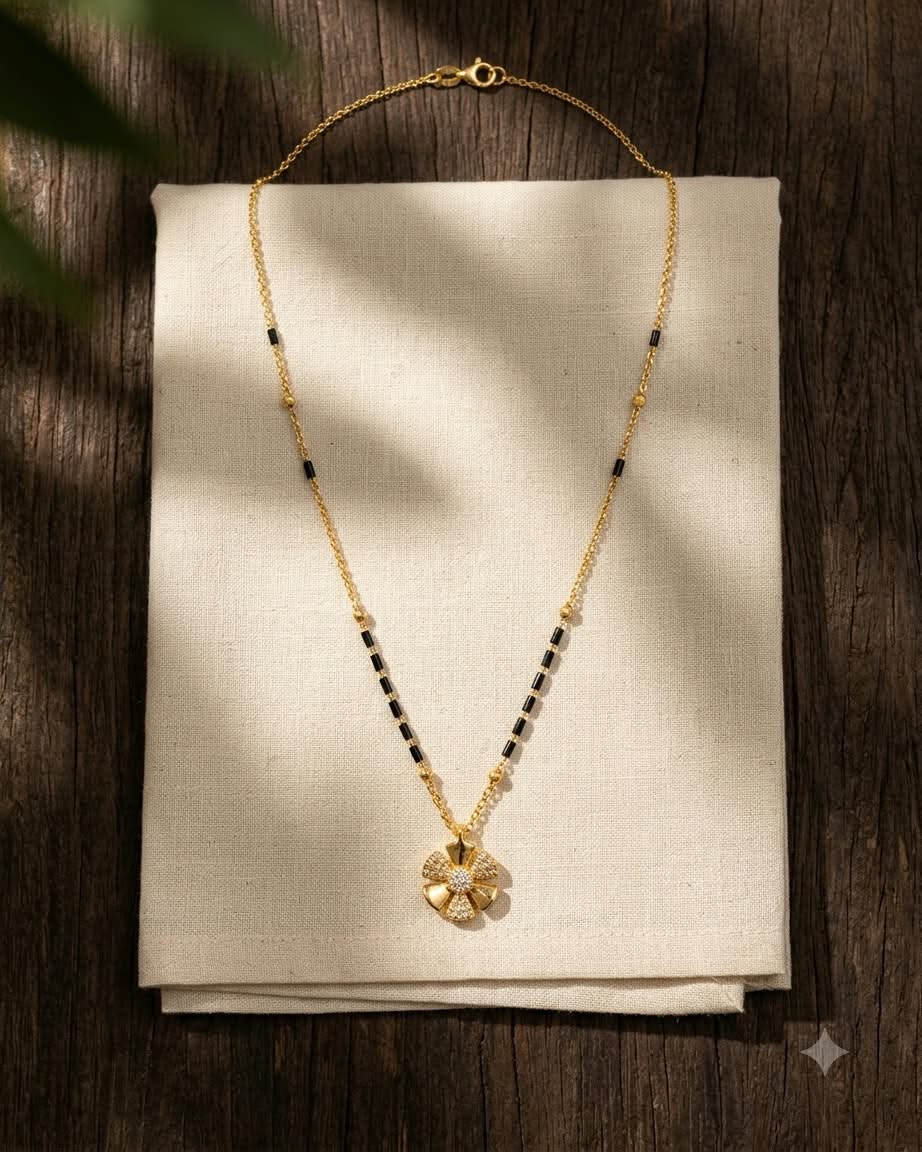 Elegant Floral Black Beaded Gold Mangalsutra Necklace