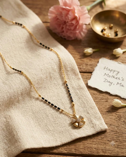 Elegant Floral Black Beaded Gold Mangalsutra Necklace