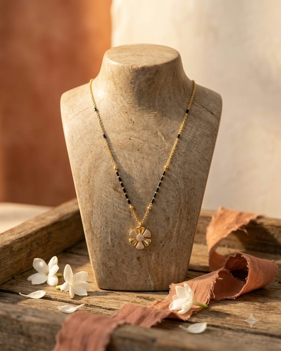 Elegant Floral Black Beaded Gold Mangalsutra Necklace