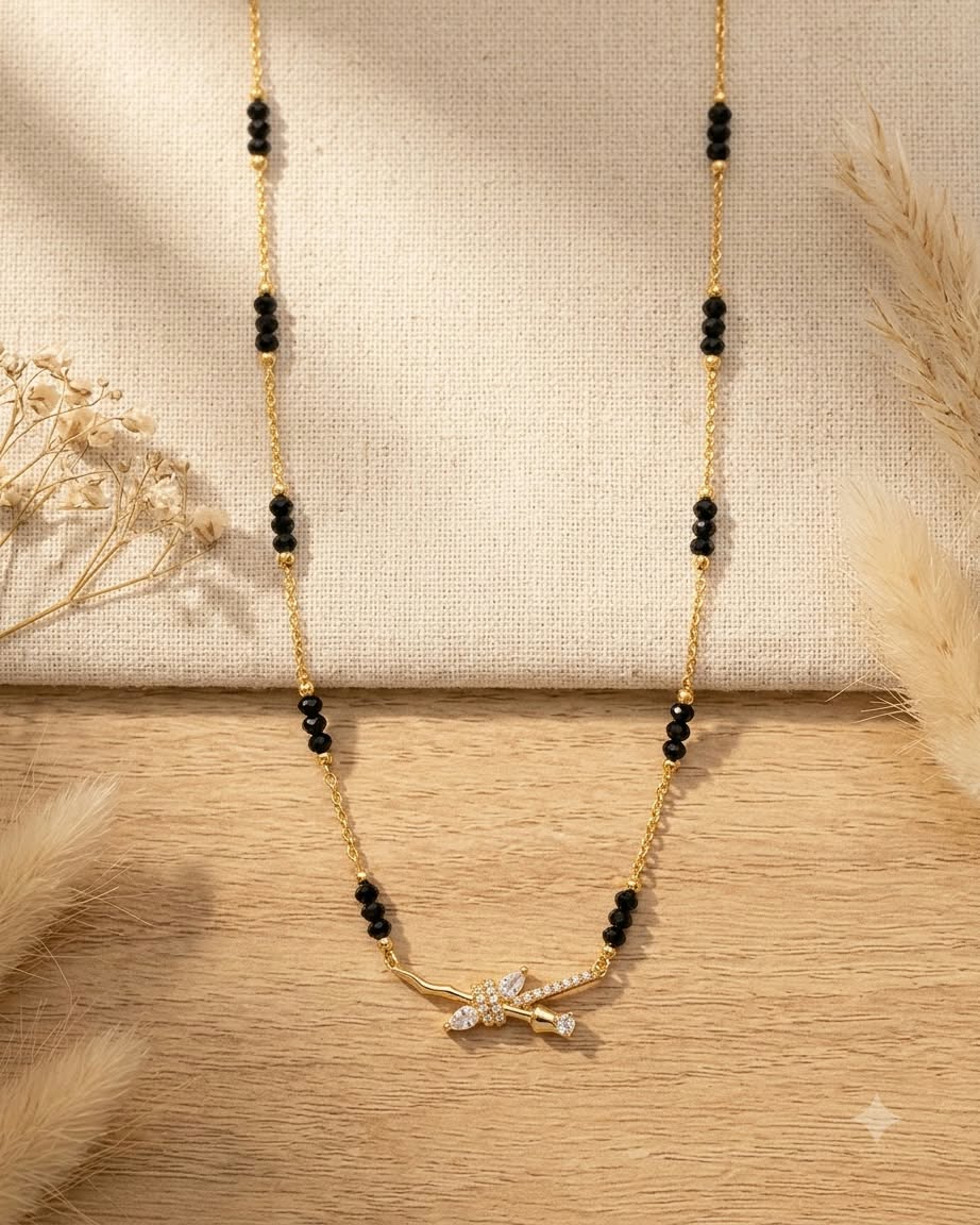 Elegant Floral Bow Gold & Black Beaded Mangalsutra