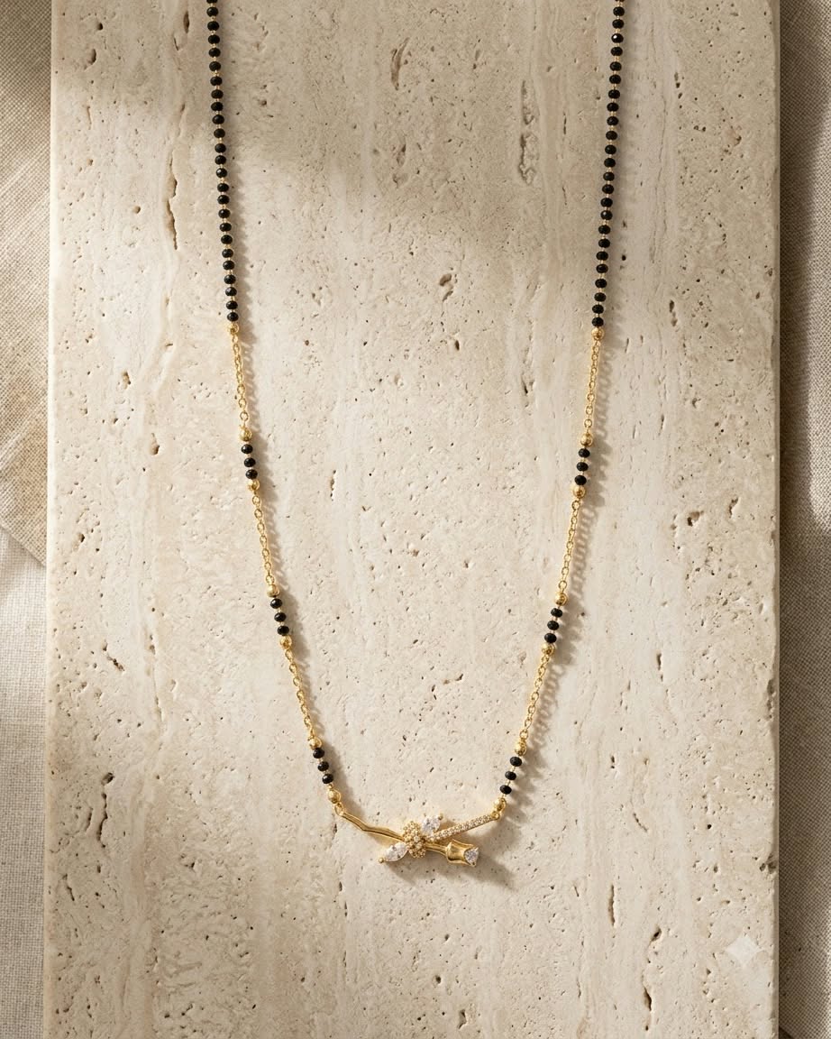 Elegant Floral Bow Gold & Black Beaded Mangalsutra