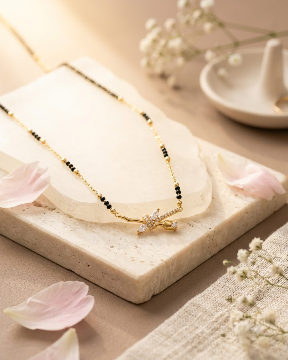 Elegant Floral Bow Gold & Black Beaded Mangalsutra