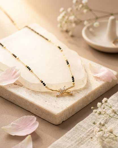Elegant Floral Bow Gold & Black Beaded Mangalsutra