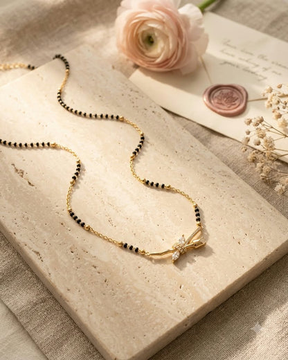 Elegant Floral Bow Gold & Black Beaded Mangalsutra