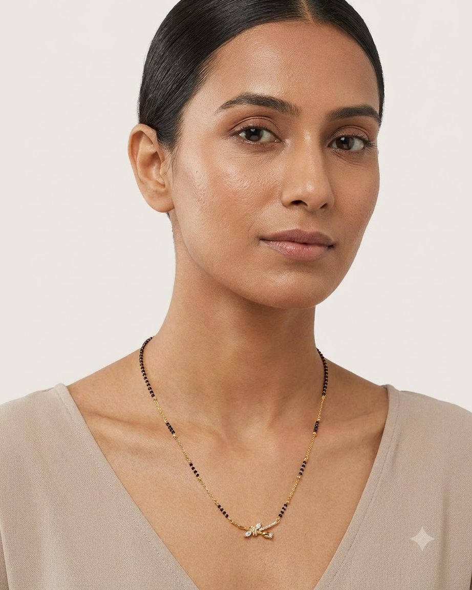 Elegant Floral Bow Gold & Black Beaded Mangalsutra