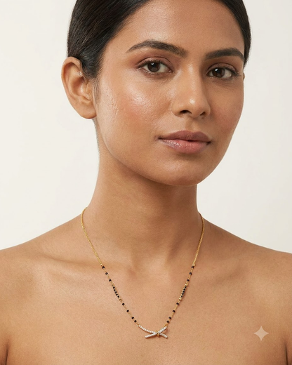 Elegant Bow Charm Gold & Black Beaded Mangalsutra