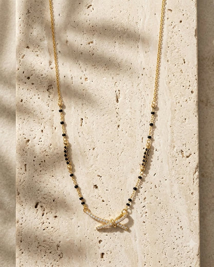 Elegant Bow Charm Gold & Black Beaded Mangalsutra