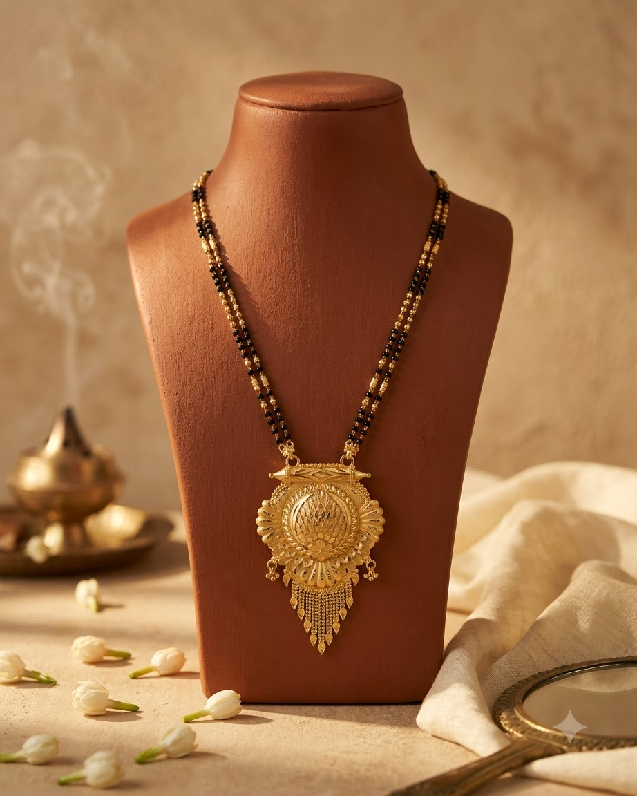 Traditional Gold Floral Pendant Black Beaded Mangalsutra