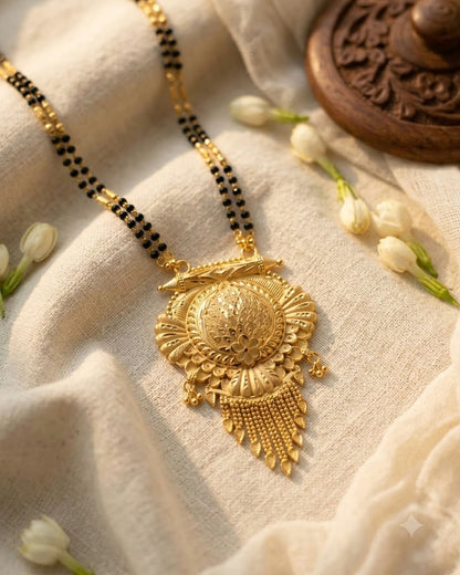 Traditional Gold Floral Pendant Black Beaded Mangalsutra