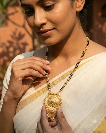 Traditional Gold Floral Pendant Black Beaded Mangalsutra
