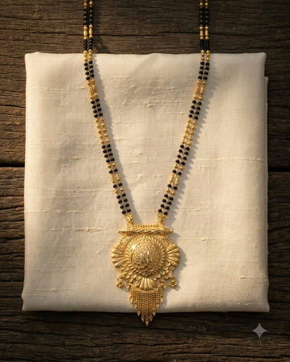 Traditional Gold Floral Pendant Black Beaded Mangalsutra